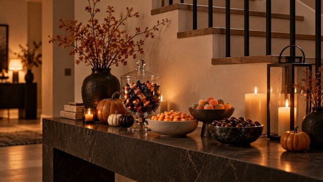 Elegant Halloween dinner table with pumpkins and black candles