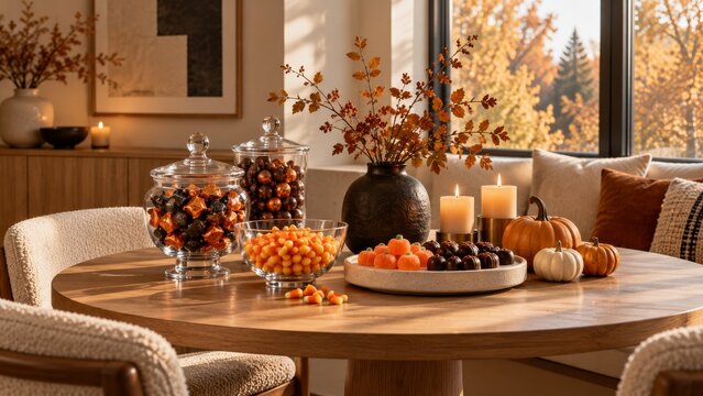 Cozy Halloween bedroom with autumn colors and seasonal decorations