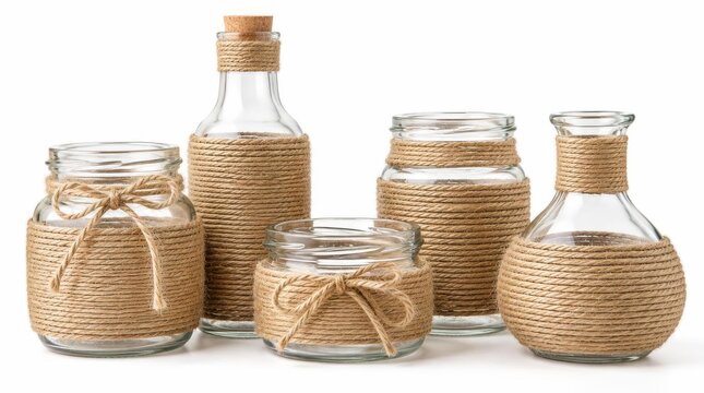 Glass jars and bottles wrapped with rustic jute rope arranged on white background