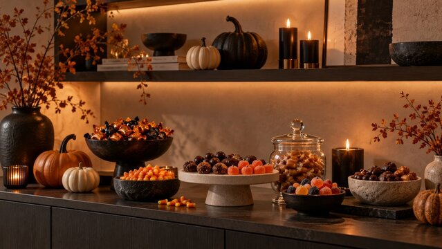 Warm Halloween entryway decorated with pumpkins and autumn foliage