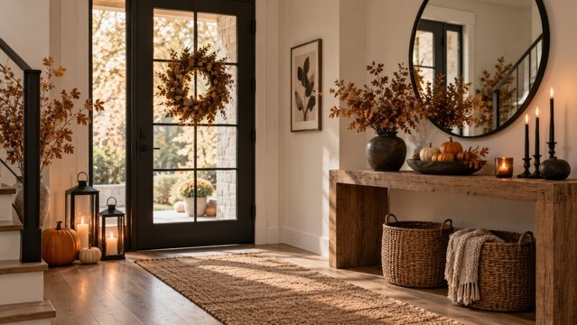 Elegant Halloween console table with pumpkins, candles and raven decor