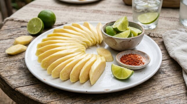 Sliced ginger root on white plate with fresh limes and chili spice