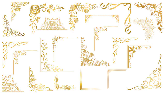 Vintage gold floral corner borders set, elegant metallic wedding invitation ornaments, 21 decorative golden filigree frame elements on white