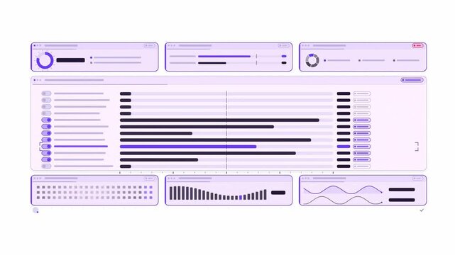 Clean animated feature flags toggles splitting in violet and blue on a bright white background. Seamless looping 4K dashboard motion graphics with free space for text, ideal for business presentations