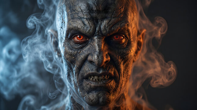 Demonic creature with glowing red eyes and textured skin, terrifying monster portrait in swirling smoke, dark fantasy horror character for cinematic posters, Halloween 