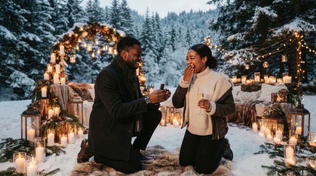 Winter Wonderland Proposal: A heartfelt marriage proposal unfolds amidst a magical snowy forest, illuminated by the warm glow of countless candles and festive lights.