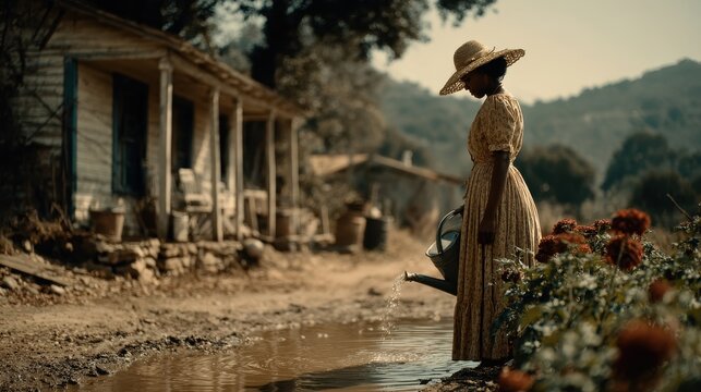 A woman in a dress and hat waters her garden with a watering can by her house, epitomizing rural life and a simple pastoral existence