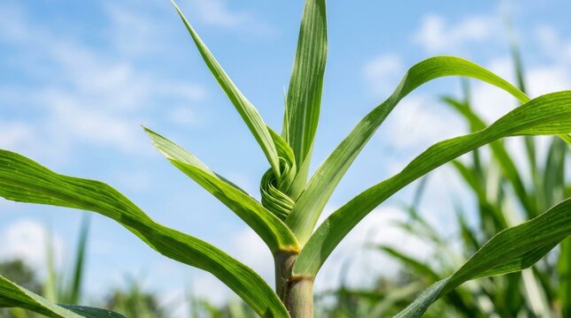 Corn sprout growing outdoors against a blue sky