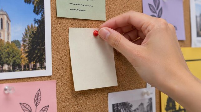 Hand pinning blank adhesive note on cork board with colorful memos