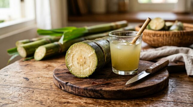 Fresh sugarcane juice in a glass with cut stalks on a wooden board