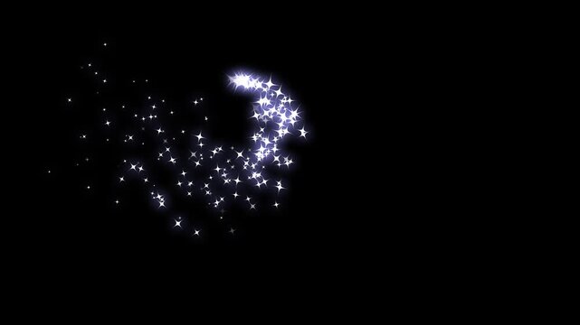 Magic sparkles and glitter line stars animation with glowing fairy dust trails, shimmering stardust spiral, cartoon doodle sparkles, white magic stars and elegant bokeh effects on black screen. 4k