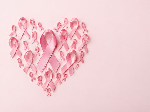 Pink breast cancer awareness ribbons arranged in heart shape with copy space
