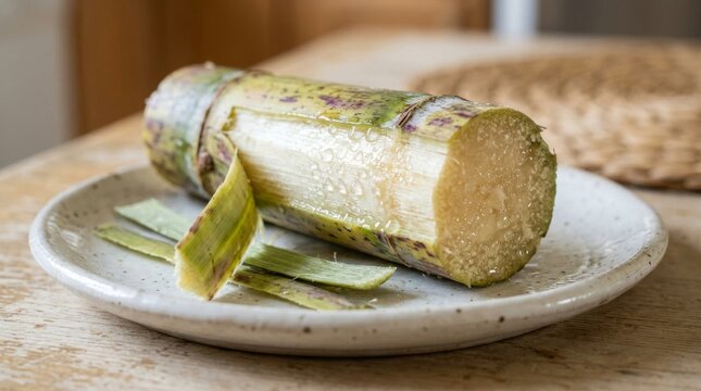 Fresh Sugarcane Stalk Piece on Ceramic Plate