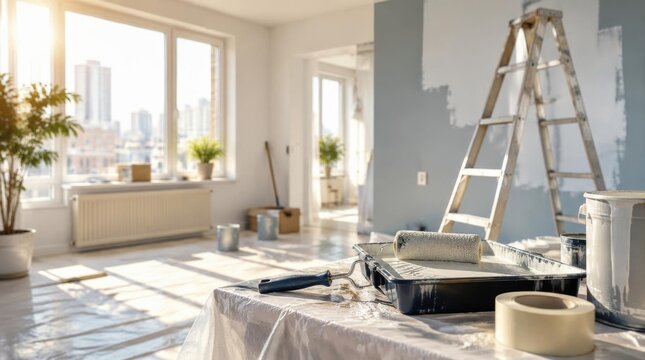 Interior room renovation featuring paint roller ladder and bright sunlight