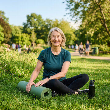 Active Senior Woman Enjoys Outdoor Yoga Session On A Sunny Day