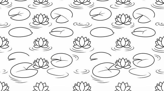 Seamless pattern with hand drawn lotus flowers and lily pads on water