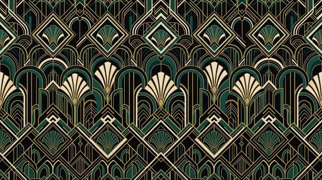 Seamless art deco geometric pattern with gold and dark green floral motifs