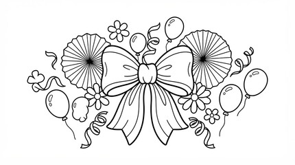 Obraz premium Party decoration with large bow balloons and flowers line drawing