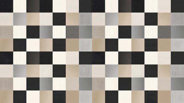 Seamless geometric checkerboard pattern with textured squares in neutral tones