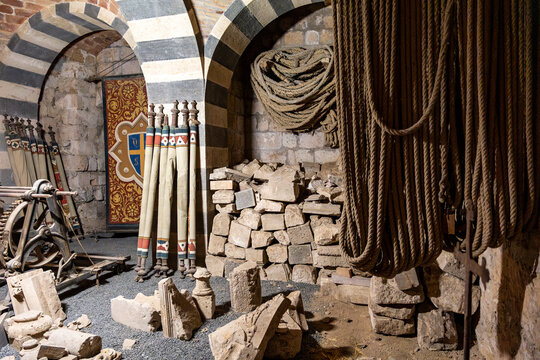Underground chambers beneath Orvieto Cathedral displaying sculptures, artefacts, materials and historic tools associated with the centuries-old construction of the cathedral, Orvieto, Umbria, Italy