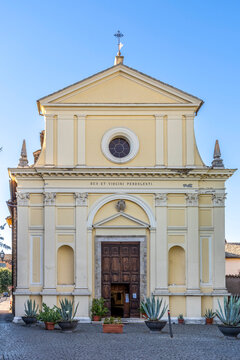 Facade of Santa Maria dei Servi, redesigned in neoclassical forms by architect Virginio Vespignani in 1857, incorporating the historic church into its 19th-century appearance, Orvieto, Umbria, Italy