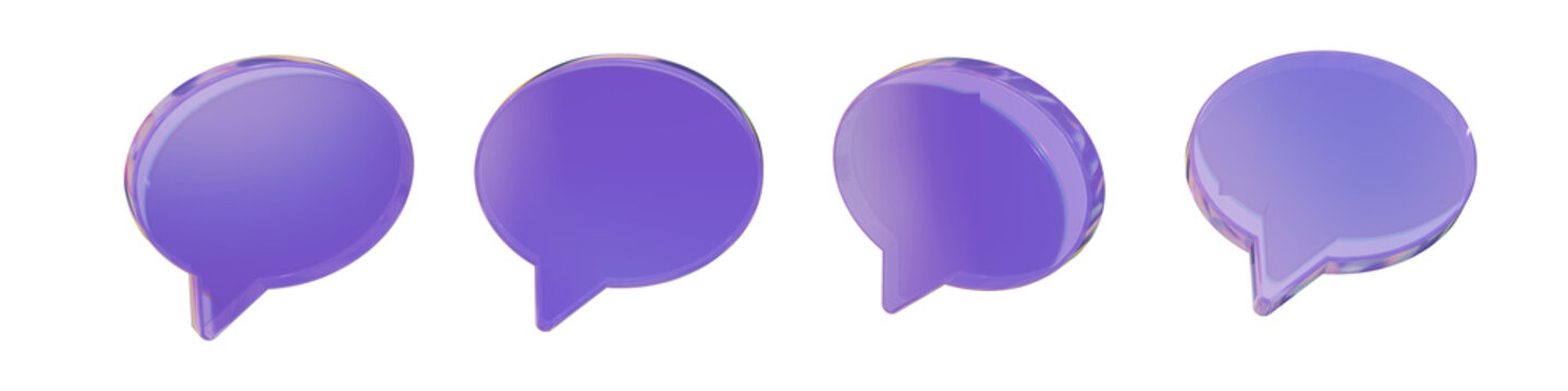 3D Purple Glass Speech Chat Icon Set for Social Discussion. Crystal Holographic Bubble Comment Conversation Symbol for Web Messenger UI, Transparent Render