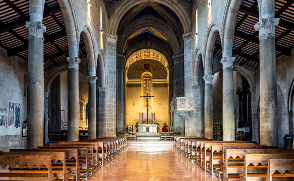 Interior of the Church of Sant'Andrea and Bartolomeo, featuring a three-nave layout with columns and arches in the historic centre of Orvieto, Orvieto, Umbria, Italy
