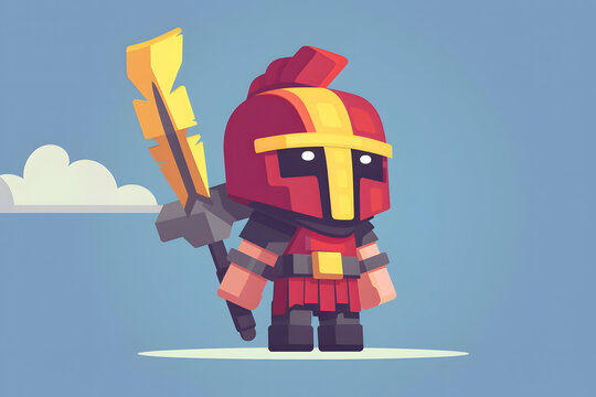 Cute stylized roman centurion warrior character with golden helmet and sword in flat vector art
