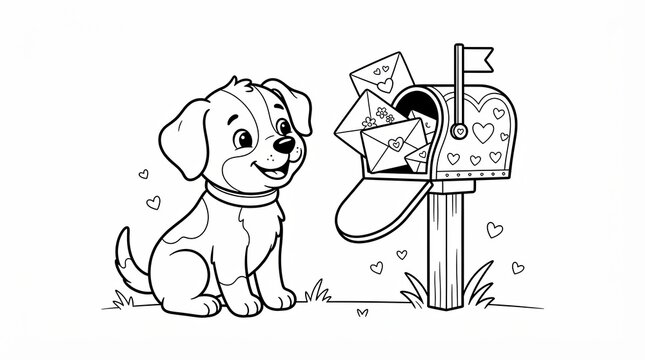 Cute puppy dog sitting next to a mailbox full of love letters page