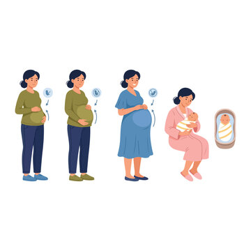 Pregnancy stages of a woman from prenatal trimesters to mother with newborn baby