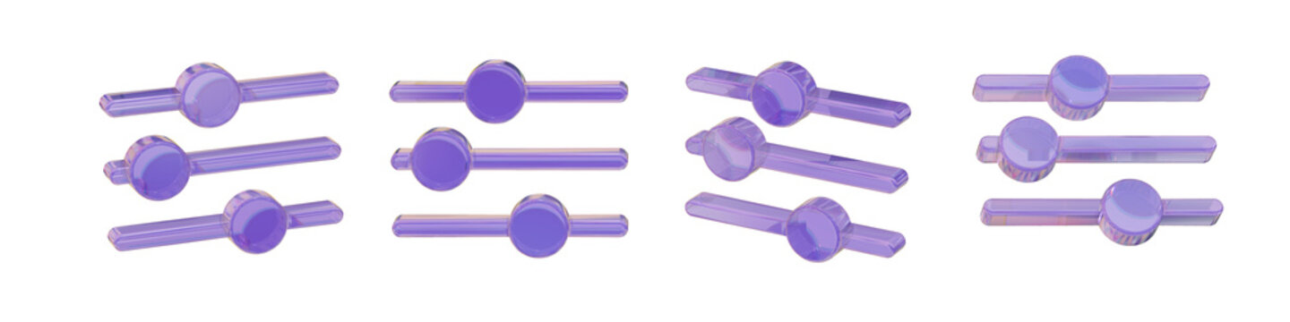 3D Purple Glass Filter Slider Icon Set for Audio Controls. Crystal Holographic Tuning Equalizer Settings Faders for Music App UI Design, Transparent Render