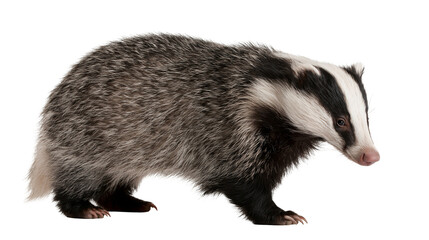 European badger with black and white striped face and grey fur standing sideways © Lysander