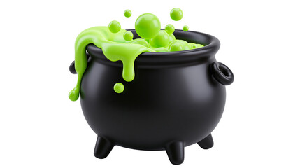 Black witch cauldron with bubbling neon green magic potion and dripping liquid © Lysander