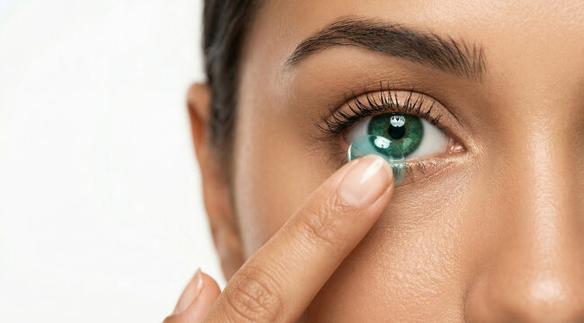 Close up of woman applying contact lens to eye, finger touching cornea, clear medical lens, vision care concept. Optometry, ophthalmology, health, beauty.