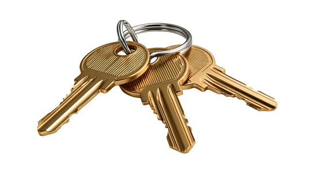 Three brass house keys on a silver metal keyring
