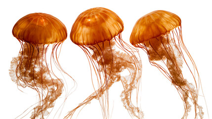 Three vibrant orange jellyfish with long flowing tentacles © Lysander