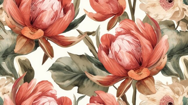 Watercolor Large Coral Red Peony Flowers Background