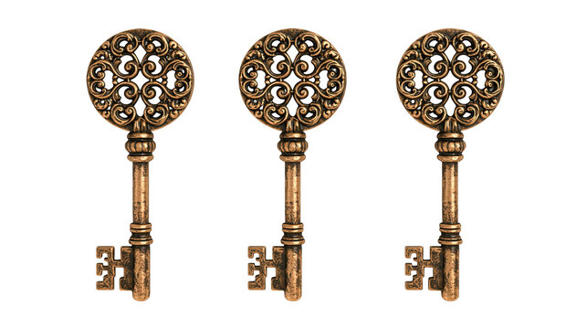 Three ornate vintage bronze skeleton keys with intricate circular bow designs