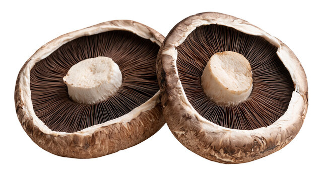 Two fresh raw portobello mushroom caps with dark brown gills and textured skin