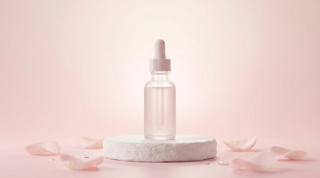 Cosmetic serum bottle with dropper on a textured pedestal, surrounded by delicate pink rose petals and water droplets, soft pink gradient background, gentle beauty and skincare concept