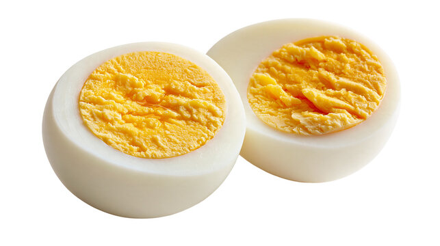 Two halves of a hard boiled egg with bright yellow yolk and smooth white albumen