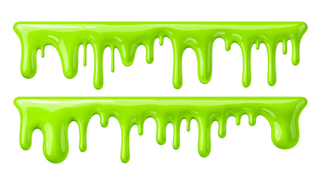 Bright neon green viscous liquid slime drips in two horizontal rows