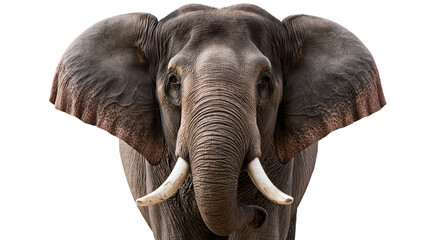Frontal portrait of an African elephant with large ears and ivory tusks