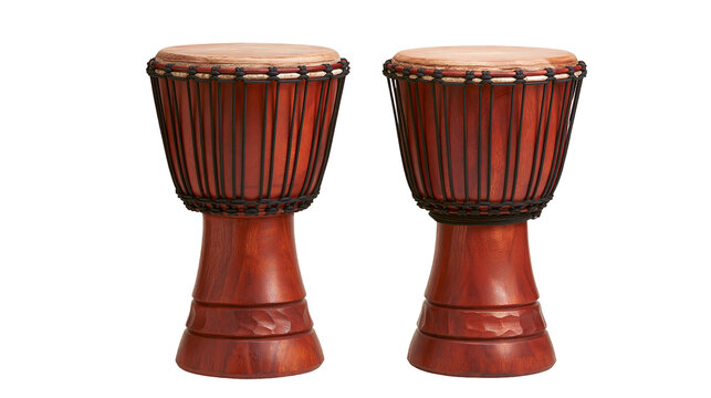 Two traditional wooden djembe drums with stretched animal skin heads and rope