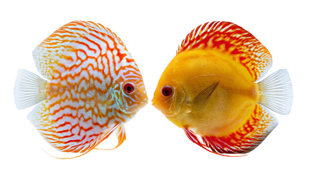 Two vibrant discus fish with orange and yellow patterns facing each other