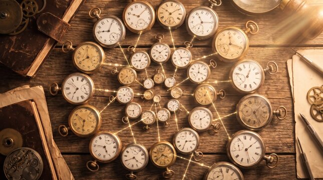 Vintage Pocket Watches Arranged in a Glowing Spiral Network on Rustic Wood Table