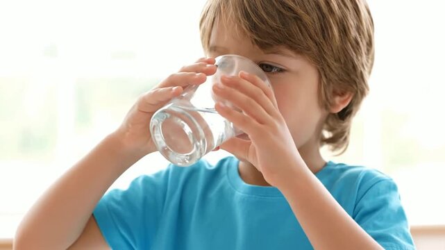 Child drinking clean water from glass bottle in natural outdoor setting