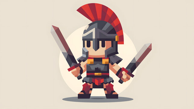 Brave pixel art Roman soldier wearing a plumed helmet and holding two sharp swords