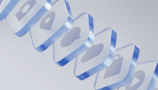 Modern blue glass communication icons featuring phone, camera, chat, cloud, and location symbols, arranged in a clean floating composition for digital technology concepts.