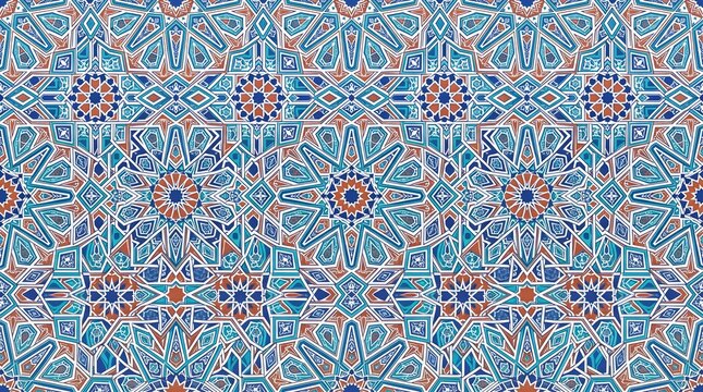 Seamless Moroccan tile pattern with intricate blue and orange geometric shapes